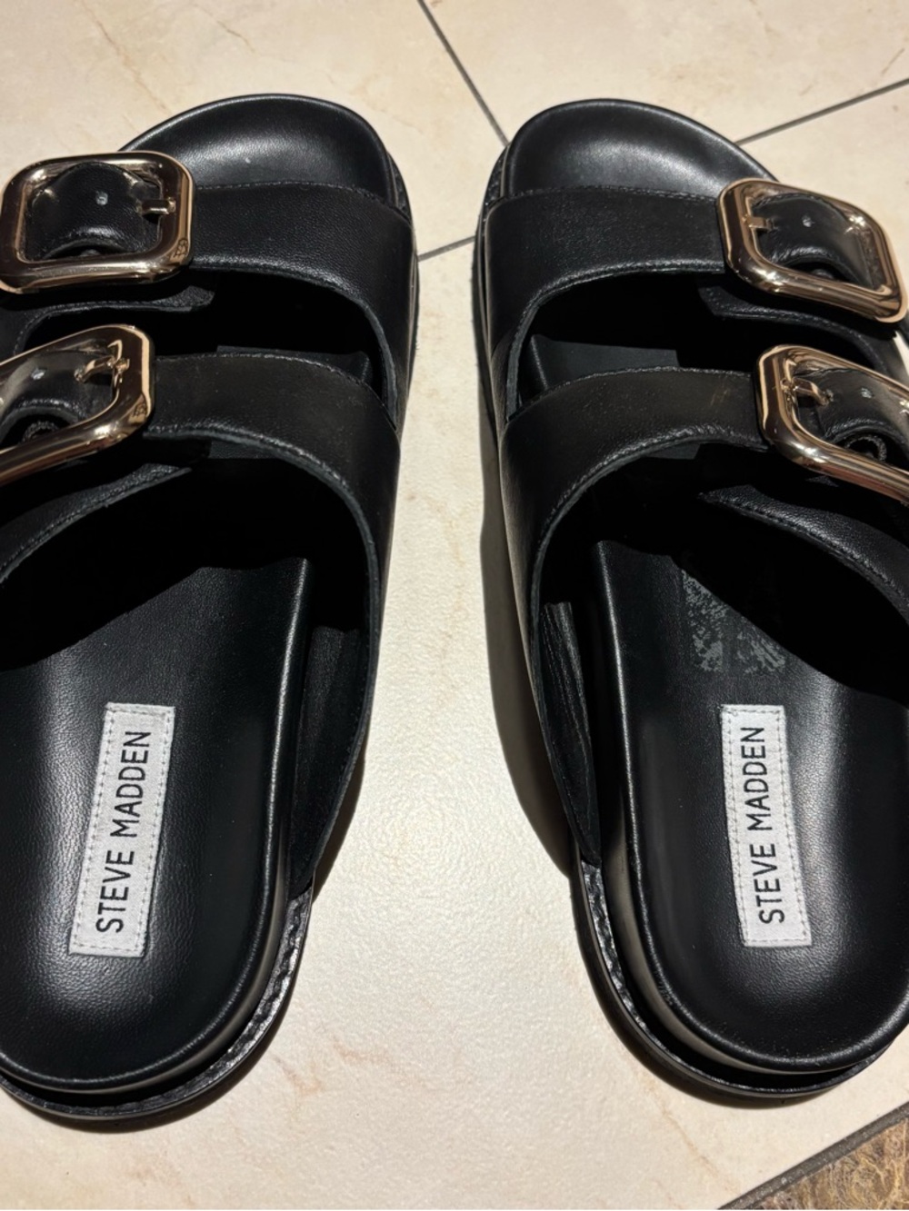 Steve Madden Black Slide Sandals with Gold Buckles - Picture 2 of 6